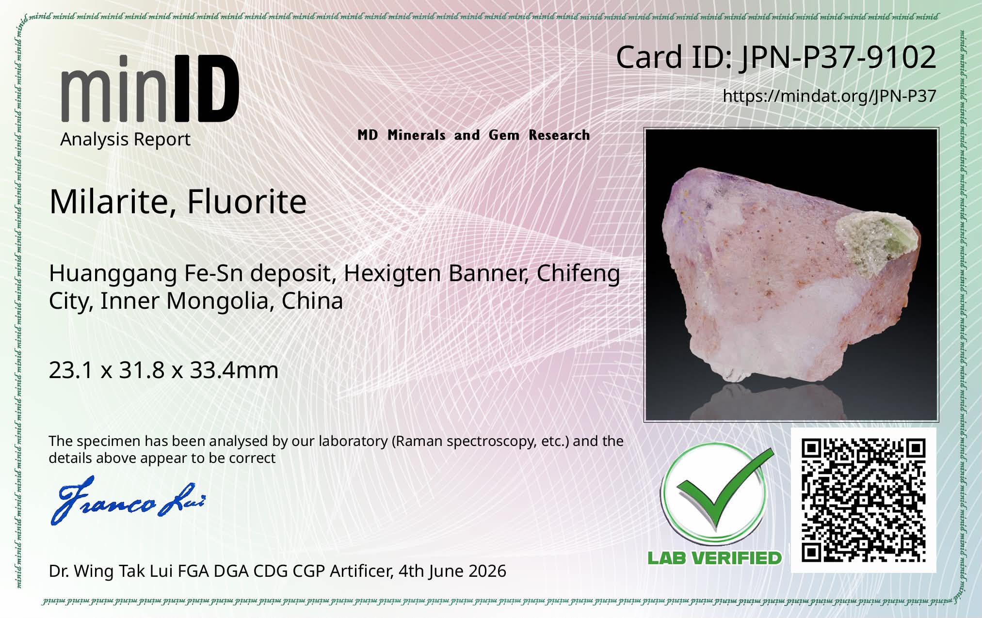 minID Level 2 Certification Card showing LAB VERIFIED stamp and Dr Franco Lui signature