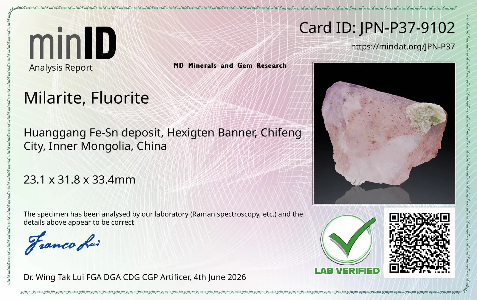 minID Level 2 certification card showing LAB VERIFIED stamp and Dr Franco Lui signature